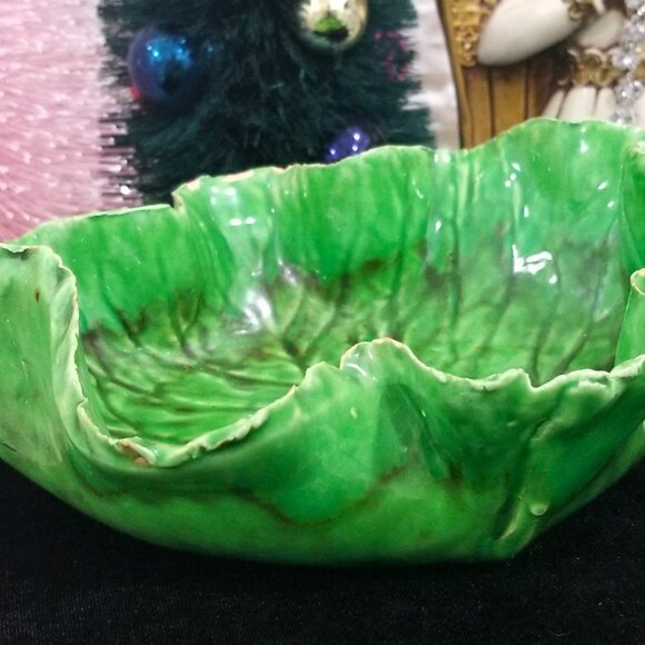 Antique Green Lettuceware Cabbage Leaf Majolica Bowl Paste Glaze Italy Napoli - Picture 5 of 10